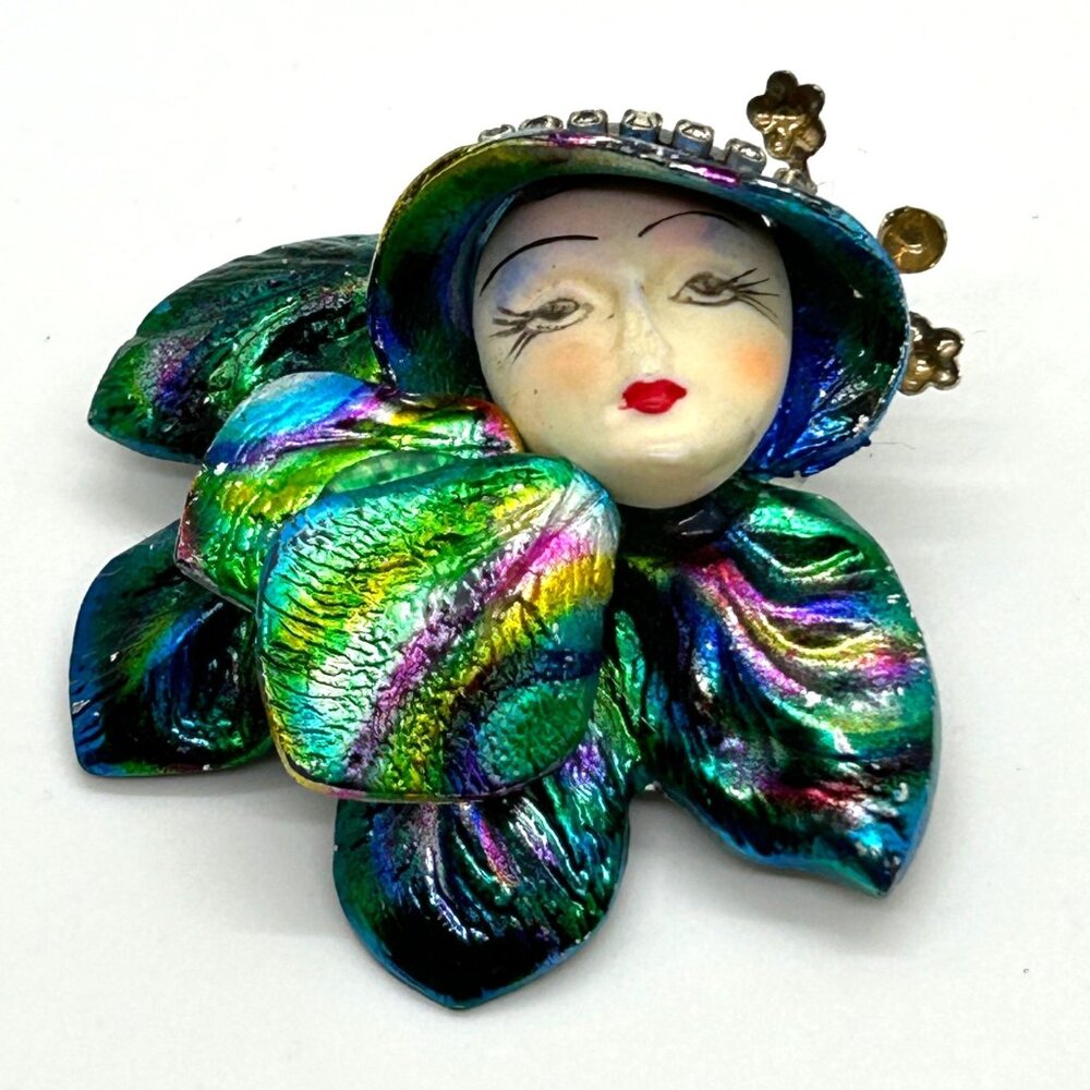 Vintage Art Deco Flapper Lady Brooch Pin Face Iridescent Rainbow 1980s Jewelry